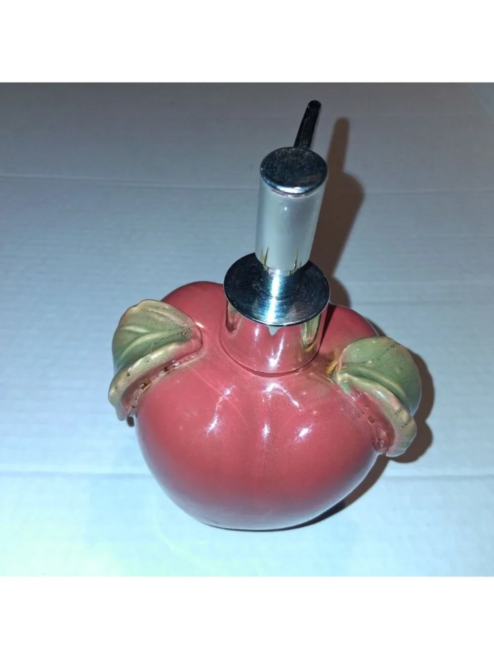 Ceramic Apple-Shaped Soap Dispenser With Metal Pump & Green Leaf Accents